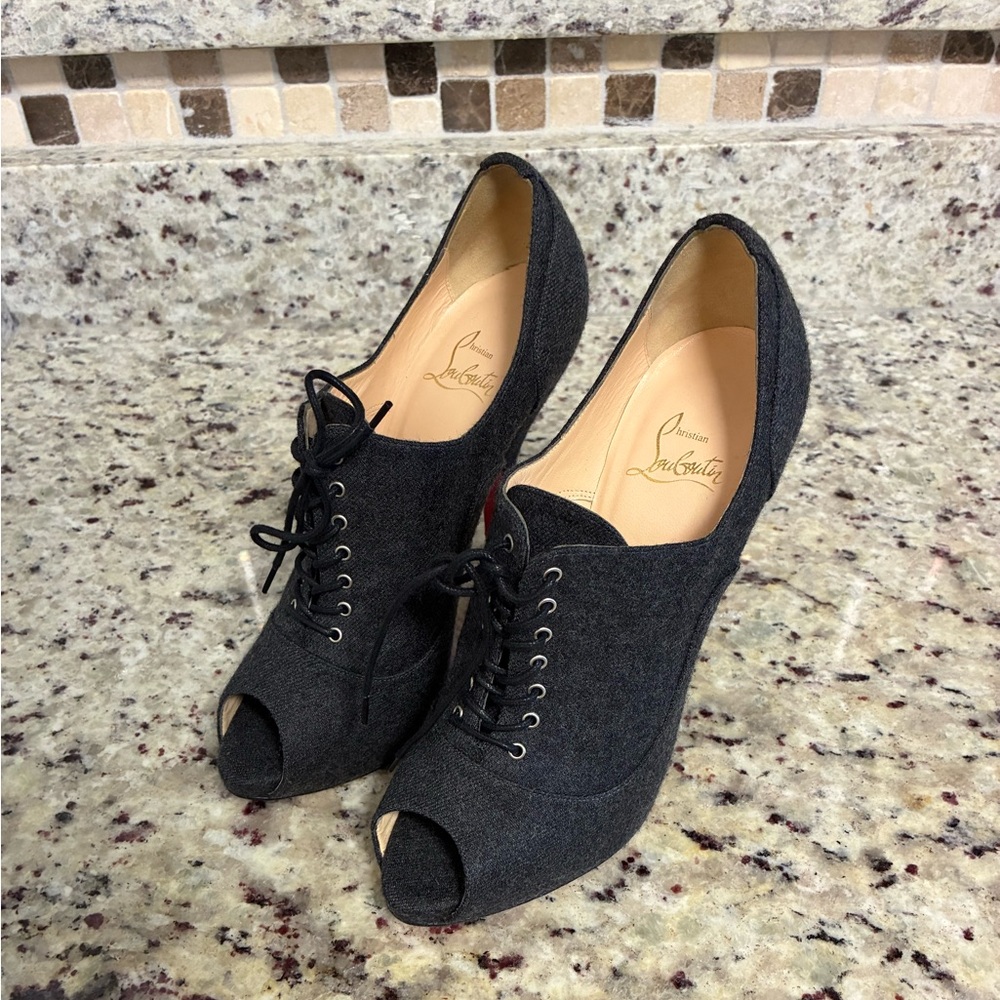 Christian Louboutin Black Lace-Up Peep Toe Heels with Signature Red Sole